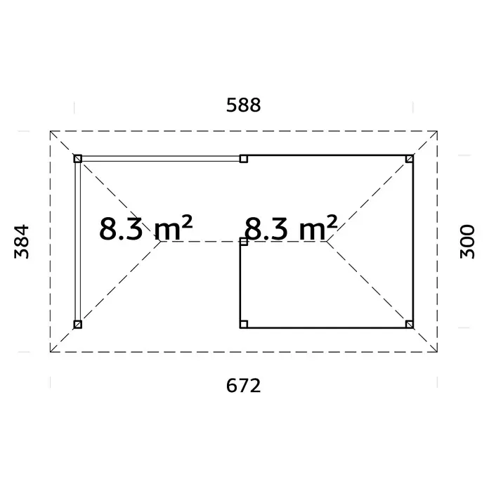 Palmako Pérgola estándar Bianca Set 110 - L x An: 672 x 384 cm, Madera, Natural - Plano de planta de un edificio rectangular con anexo, dimensiones 588x672, especificación de superficie 8,3 m².
