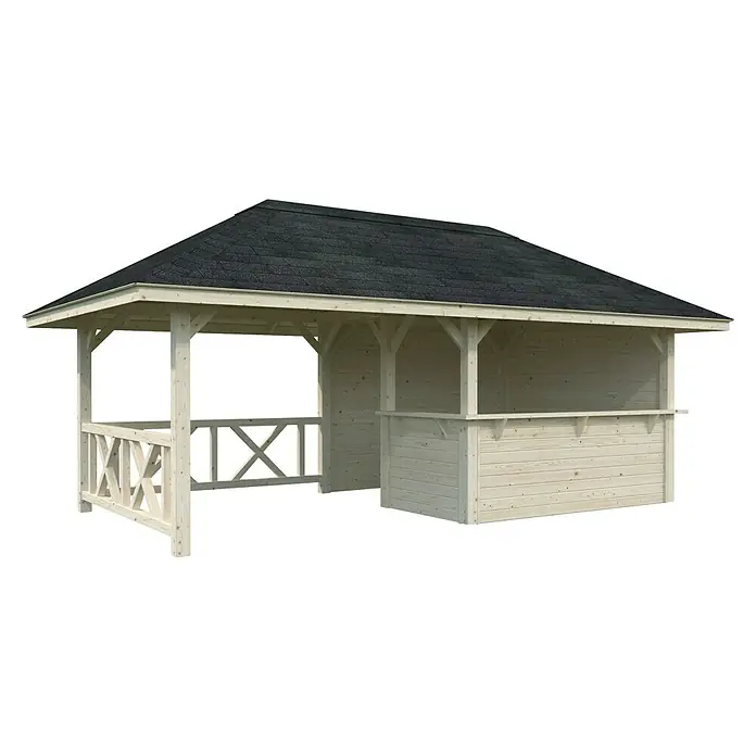 Palmako Pérgola estándar Bianca Set 110 - L x An: 672 x 384 cm, Madera, Natural - Esta imagen muestra una glorieta de madera con techo oscuro y soportes de madera clara, ideal para la relajación en el jardín y las reuniones al aire libre.