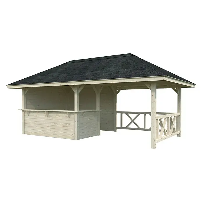 Palmako Pérgola estándar Bianca Set 110 - L x An: 672 x 384 cm, Madera, Natural - Una foto detallada de una glorieta de madera con un techo oscuro, que transmite un ambiente rústico y acogedor.