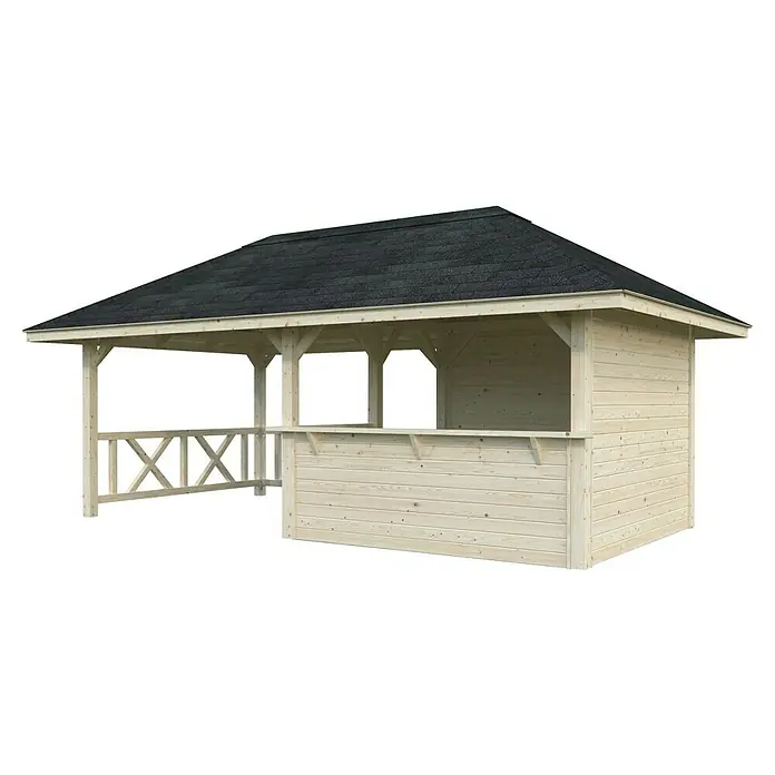 Palmako Pérgola estándar Bianca Set 110 - L x An: 672 x 384 cm, Madera, Natural - Esta toma captura un pabellón de jardín con un diseño simple y un techo oscuro, perfecto para relajarse al aire libre.
