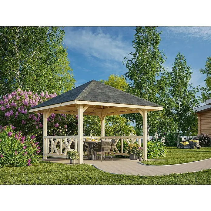 Palmako Pérgola estándar Bianca Set 101 - L x An: 384 x 384 cm, Madera, Natural - Una elegante glorieta de madera con un techo oscuro situada en un jardín bien cuidado. La glorieta ofrece una acogedora zona de comedor exterior.