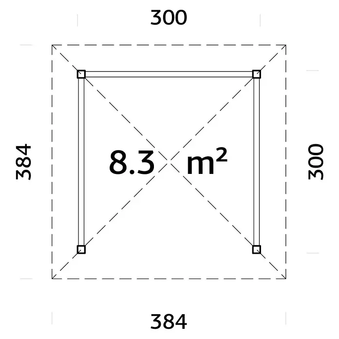 Palmako Pérgola estándar Bianca Set 101 - L x An: 384 x 384 cm, Madera, Natural - Plano de planta de un edificio rectangular con dimensiones de 384 x 384 cm (exterior) y 300 x 300 cm (interior) y una superficie de 8,3 m².