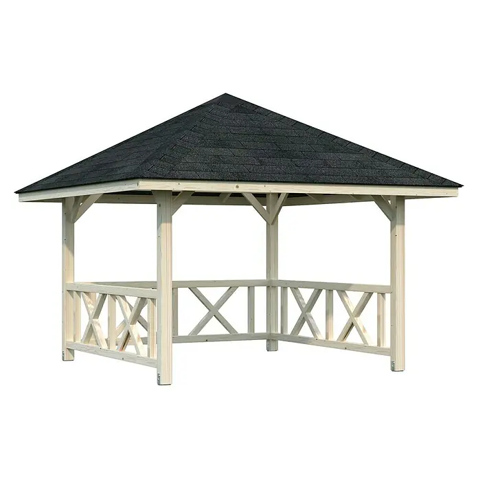 Palmako Pérgola estándar Bianca Set 101 - L x An: 384 x 384 cm, Madera, Natural - Esta imagen muestra una glorieta de madera con techo negro. Se ve luminosa y acogedora, perfecta para cualquier jardín.