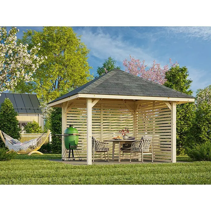 Palmako Pérgola estándar Bianca Set 102 - L x An: 384 x 384 cm, Madera, Natural - Invitando glorieta con parrilla y asientos en el jardín. La glorieta ofrece una agradable protección contra el sol y miradas indiscretas con sus puntales.