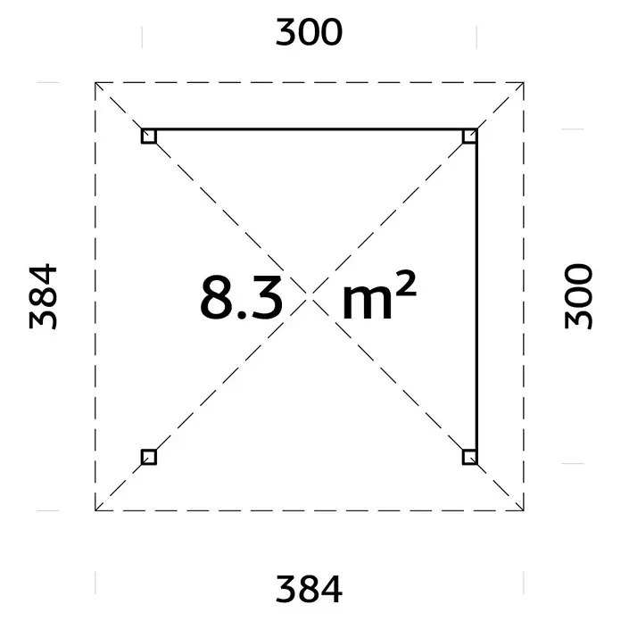 Palmako Pérgola estándar Bianca Set 102 - L x An: 384 x 384 cm, Madera, Natural - Vista superior de un plano de casa con formas rectangulares e indicaciones de dimensiones. La superficie habitable del plano es de 8.3 m².