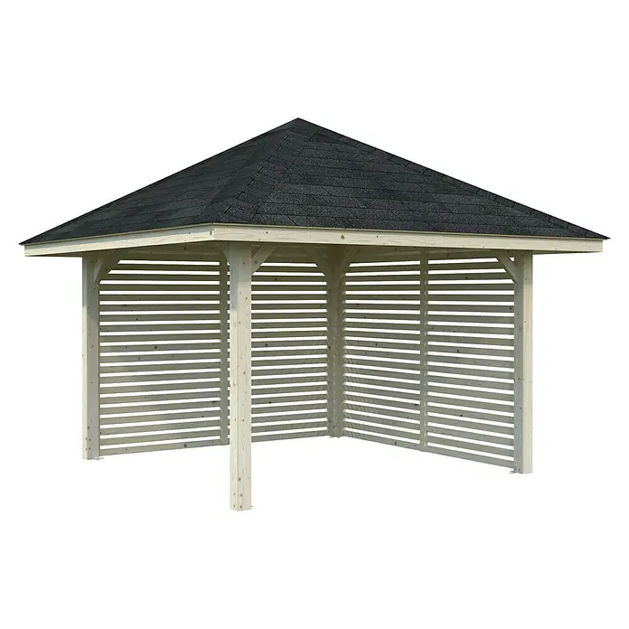 Palmako Pérgola estándar Bianca Set 102 - L x An: 384 x 384 cm, Madera, Natural - La glorieta de jardín, con techo negro, ofrece un refugio al aire libre sombreado y elegante con sus paredes de listones.