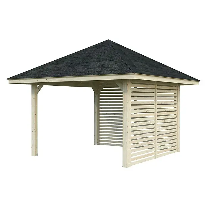 Palmako Pérgola estándar Bianca Set 102 - L x An: 384 x 384 cm, Madera, Natural - Vista de una glorieta de madera con techo de tejas negras, que ofrece un espacio exterior elegante y protegido.