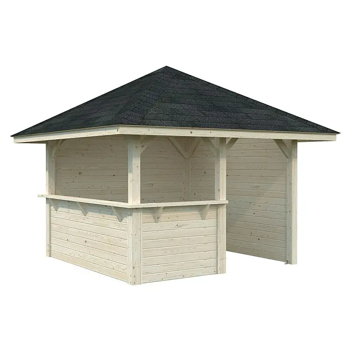 Palmako Pérgola estándar Bianca Set 103 - L x An: 384 x 384 cm, Madera, Natural - Una sencilla caseta de jardín de madera sin tratar con un techo oscuro de tejas para estabilidad y protección.