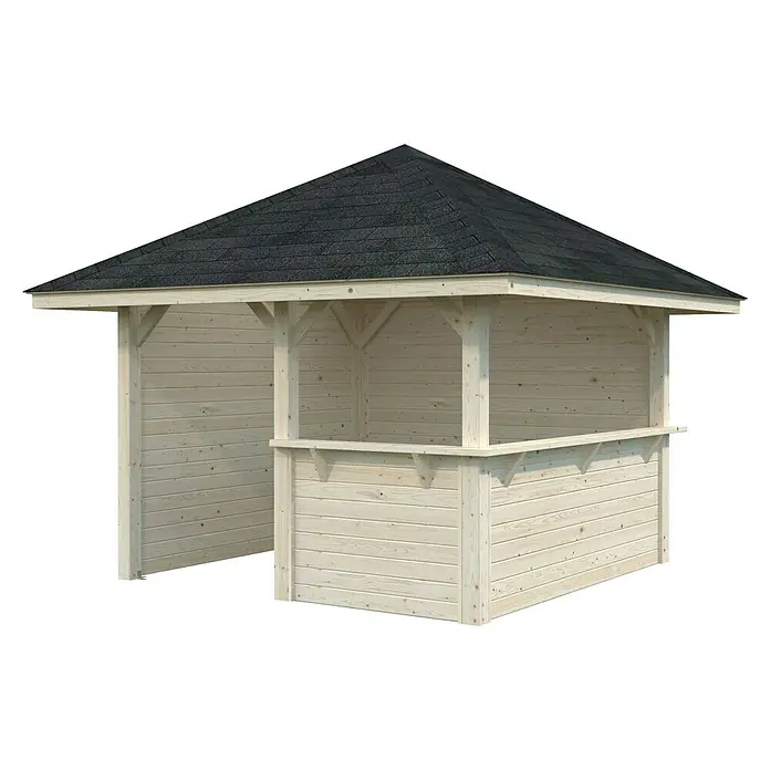 Palmako Pérgola estándar Bianca Set 103 - L x An: 384 x 384 cm, Madera, Natural - Imagen de un pabellón de madera con techo negro. Ideal para el jardín, el pabellón ofrece un lugar sombreado al aire libre.