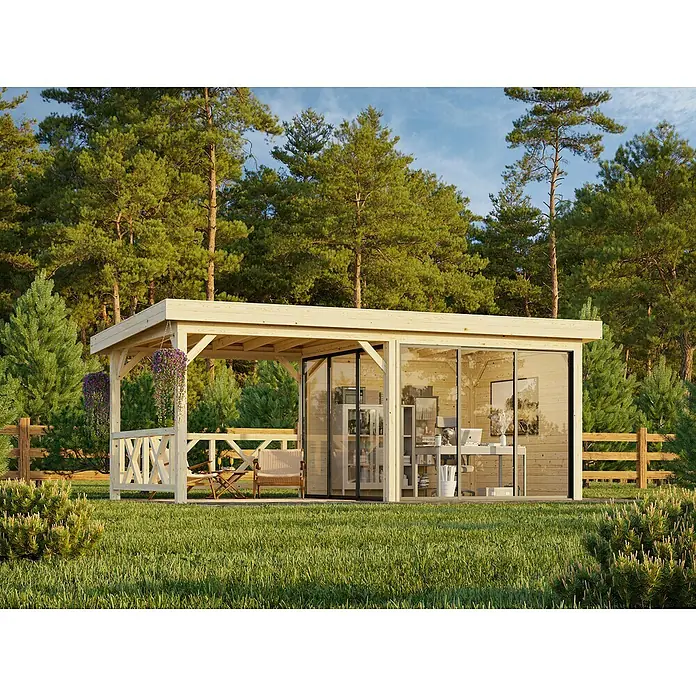 Palmako Caseta de jardín Lenna Set 403 Slide - Medidas ext. (An x Pr): 628 x 340 cm, Madera, Natural - Caseta de jardín de madera con fachada de cristal y terraza cubierta, ideal como oficina o zona de relajación en la naturaleza.