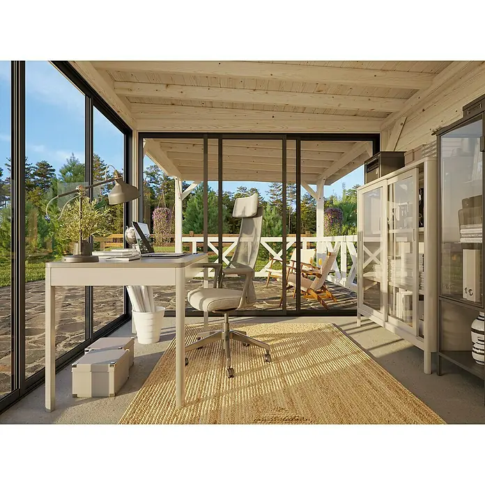 Palmako Caseta de jardín Lenna Set 403 Slide - Medidas ext. (An x Pr): 628 x 340 cm, Madera, Natural - Escritorio con lámpara y silla de oficina en una habitación luminosa con vistas a la naturaleza.