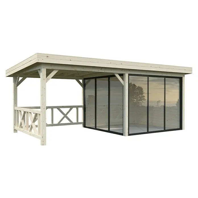 Palmako Caseta de jardín Lenna Set 403 Slide - Medidas ext. (An x Pr): 628 x 340 cm, Madera, Natural - Vista detallada de un pabellón de madera con fachada de vidrio, que ofrece un espacio luminoso y acogedor para el jardín o el patio.