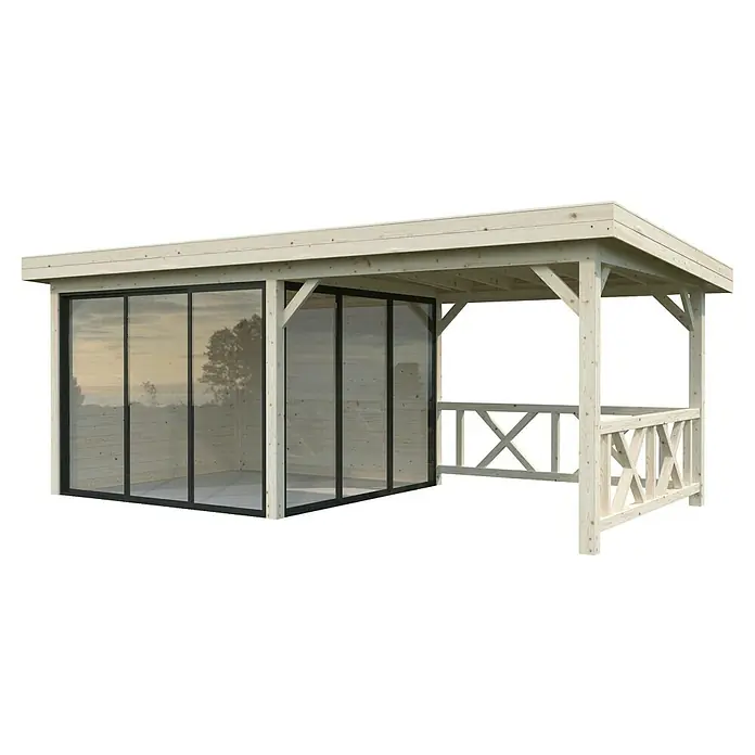 Palmako Caseta de jardín Lenna Set 403 Slide - Medidas ext. (An x Pr): 628 x 340 cm, Madera, Natural - La imagen muestra una moderna glorieta con frentes de vidrio y un área abierta con una valla de madera decorativa, ideal para exteriores.