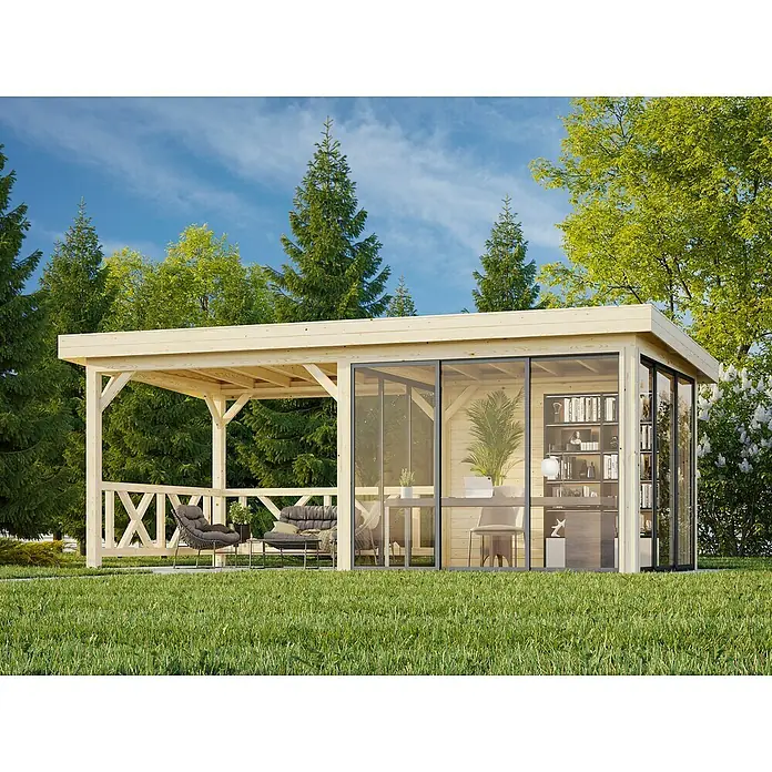 Palmako Caseta de jardín Lenna Set 404 Slide - Medidas ext. (An x Pr): 628 x 340 cm, Madera, Natural - Moderna caseta de jardín con fachada de cristal y terraza cubierta, ideal para relajarse y trabajar al aire libre.