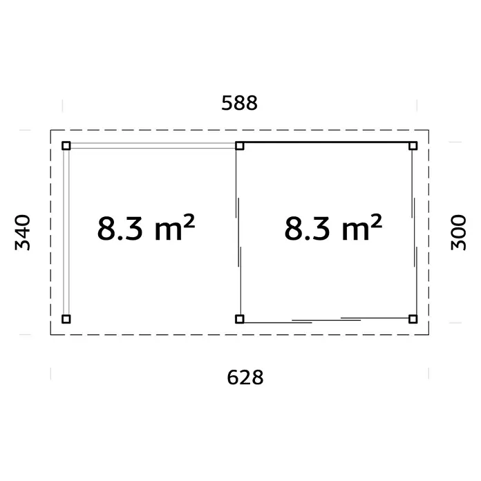 Palmako Caseta de jardín Lenna Set 404 Slide - Medidas ext. (An x Pr): 628 x 340 cm, Madera, Natural - La imagen muestra un plano con dos cuadrados de 8,3 m² cada uno, dentro de un contorno rectangular, se incluyen las dimensiones.