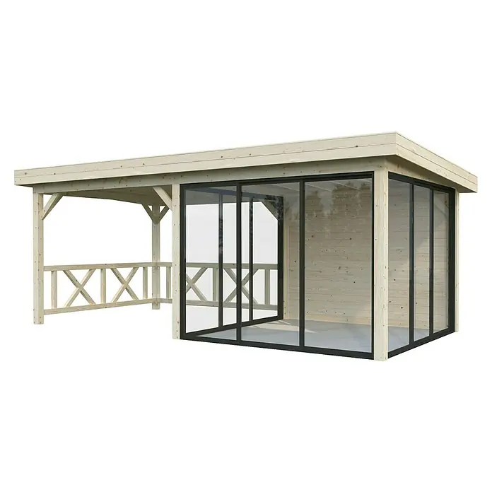 Palmako Caseta de jardín Lenna Set 404 Slide - Medidas ext. (An x Pr): 628 x 340 cm, Madera, Natural - Una caseta de jardín de madera clara con grandes puertas correderas de cristal que dejan entrar mucha luz natural y ofrecen una gran vista del exterior.