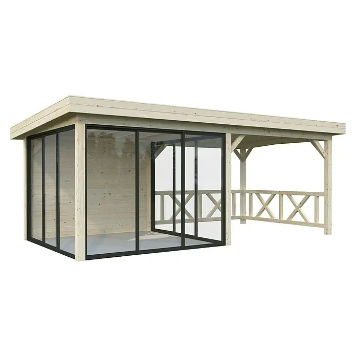 Palmako Caseta de jardín Lenna Set 404 Slide - Medidas ext. (An x Pr): 628 x 340 cm, Madera, Natural - Casa de madera con fachada de vidrio y porche cubierto. La casa ofrece un espacio exterior acogedor y protegido.