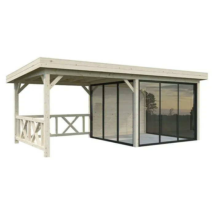 Palmako Caseta de jardín Lenna Set 404 Slide - Medidas ext. (An x Pr): 628 x 340 cm, Madera, Natural - Imagen de un moderno cenador de madera con frente de cristal, perfecto para el jardín o el patio. Diseño elegante con mucha luz natural.