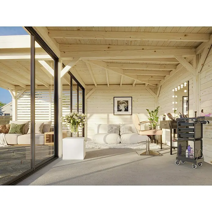 Palmako Caseta de jardín Lenna Set 714 Slide Plus - Medidas ext. (An x Pr): 628 x 628 cm, Madera, Natural - Interior acogedor de una casa de madera con zona de peluquería, interior luminoso y grandes ventanales. Ambiente acogedor y diseño elegante.