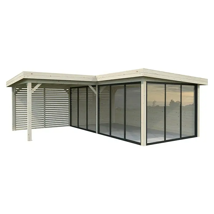 Palmako Caseta de jardín Lenna Set 714 Slide Plus - Medidas ext. (An x Pr): 628 x 628 cm, Madera, Natural - Esta imagen muestra un pabellón moderno de madera con frentes de vidrio, que proporciona una solución de espacio exterior elegante y con estilo.