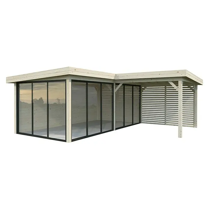 Palmako Caseta de jardín Lenna Set 714 Slide Plus - Medidas ext. (An x Pr): 628 x 628 cm, Madera, Natural - Imagen de una moderna casa de jardín con frente de vidrio y área cubierta, perfecta para la relajación al aire libre.