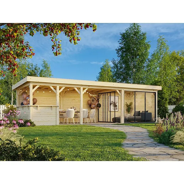 Palmako Caseta de jardín Lenna Set 715 Slide Plus - Medidas ext. (An x Pr): 916 x 340 cm, Madera, Natural - Casa de jardín de madera con extensión de vidrio, decorada con globos, un conjunto de mesa y un sofá. Un refugio acogedor en el jardín para horas de relax al aire libre.