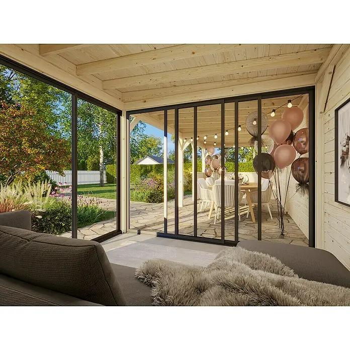 Palmako Caseta de jardín Lenna Set 715 Slide Plus - Medidas ext. (An x Pr): 916 x 340 cm, Madera, Natural - Acogedora casa de madera con grandes ventanales que ofrecen una vista al jardín y un patio decorado para fiestas. Ambiente acogedor y diseño elegante.