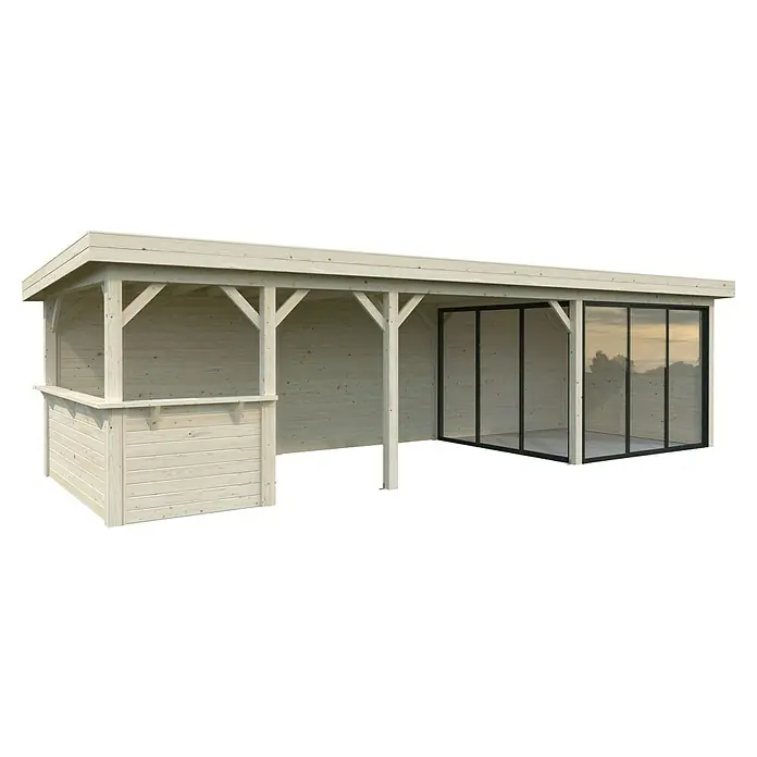 Palmako Caseta de jardín Lenna Set 715 Slide Plus - Medidas ext. (An x Pr): 916 x 340 cm, Madera, Natural - Una caseta de jardín de madera clara con una zona de bar abierta y una extensión acristalada, ideal para jardines y relajación al aire libre.
