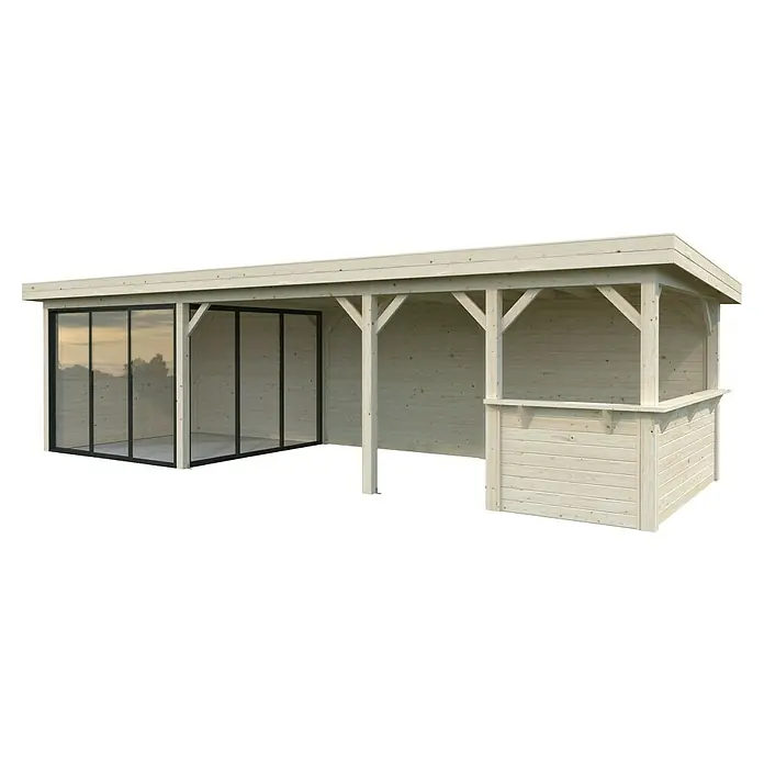 Palmako Caseta de jardín Lenna Set 715 Slide Plus - Medidas ext. (An x Pr): 916 x 340 cm, Madera, Natural - Pérgola de jardín de madera clara con frente de vidrio y área abierta. Ideal para el jardín como protección contra el clima o refugio.