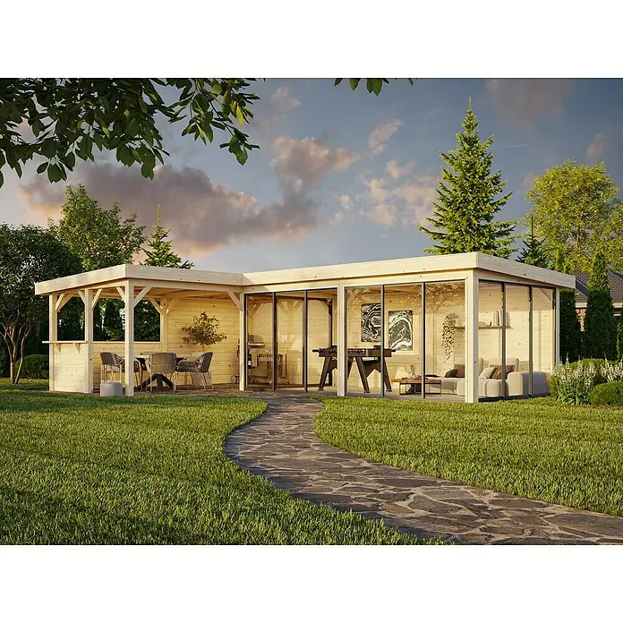 Palmako Caseta de jardín Lenna Set 721 Slide Plus - Medidas ext. (An x Pr): 916 x 628 cm, Madera, Natural - Pabellón de madera con puertas correderas de cristal, ideal para cualquier estación. Ofrece una acogedora zona de comedor y una zona de estar relajante.