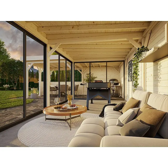 Palmako Caseta de jardín Lenna Set 721 Slide Plus - Medidas ext. (An x Pr): 916 x 628 cm, Madera, Natural - Pabellón acogedor con sofá cómodo, mesa y parrilla exterior para horas de relax al aire libre.