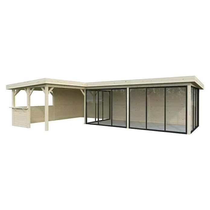 Palmako Caseta de jardín Lenna Set 721 Slide Plus - Medidas ext. (An x Pr): 916 x 628 cm, Madera, Natural - Esta imagen muestra un pabellón luminoso y moderno con áreas abiertas y cerradas, ideal para jardines o patios.