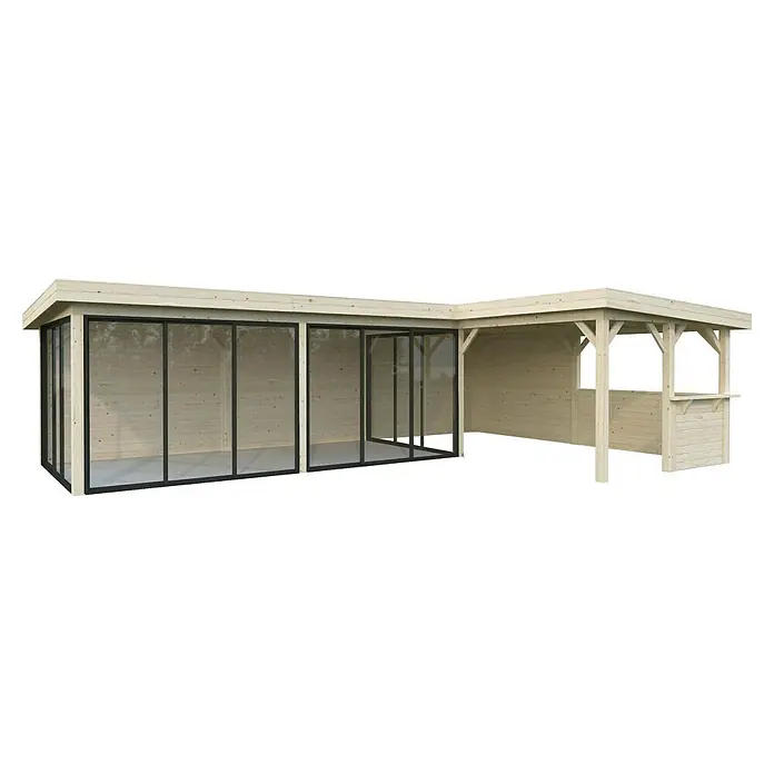 Palmako Caseta de jardín Lenna Set 721 Slide Plus - Medidas ext. (An x Pr): 916 x 628 cm, Madera, Natural - La imagen muestra un cenador de madera con puertas correderas y una barra, perfecto para el jardín. El diseño de madera clara se adapta a cualquier entorno.