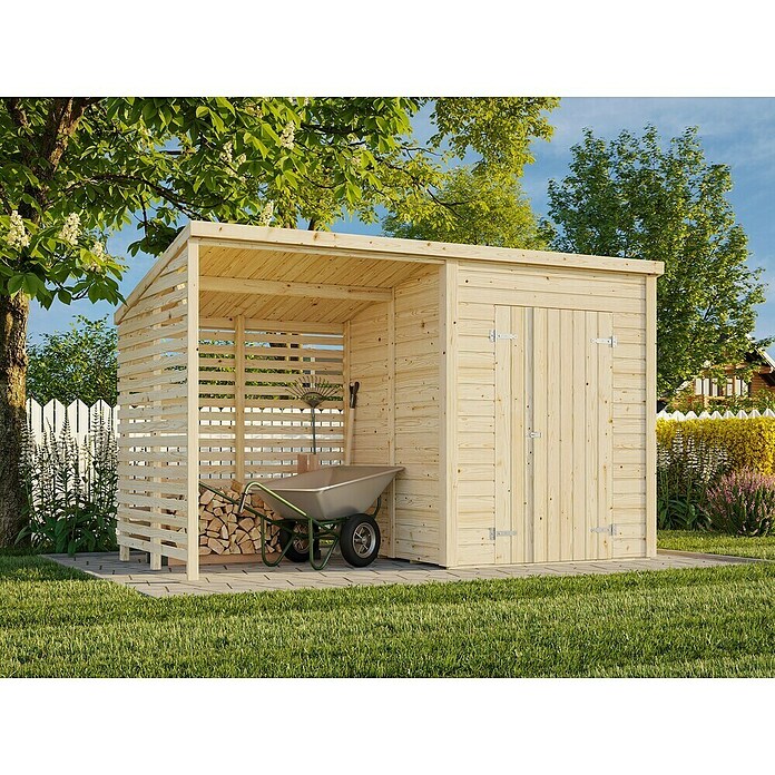 Palmako Caseta de jardín con leñero Leif (Medidas ext. (An x Pr): 377 x 187 cm, Madera, Natural) | BAUHAUS