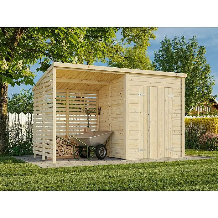 Palmako Caseta de jardín con leñero Leif - Medidas ext. (An x Pr): 377 x 187 cm, Madera, Natural - Caseta de jardín espaciosa de madera con zona de almacenamiento abierta, ideal para herramientas y leña.