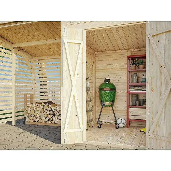 Palmako Caseta de jardín con leñero Leif - Medidas ext. (An x Pr): 377 x 187 cm, Madera, Natural - Vista a una luminosa casa de madera con almacenamiento de leña, parrilla, escalera y estantería. Las puertas de madera abiertas revelan la vista.
