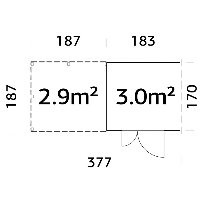 Palmako Caseta de jardín con leñero Leif - Medidas ext. (An x Pr): 377 x 187 cm, Madera, Natural - Plano de planta de un edificio con dos habitaciones, especificaciones de área y detalles de dimensiones.