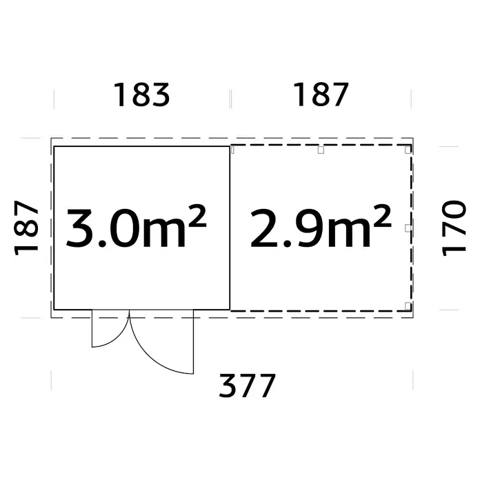 Palmako Caseta de jardín con leñero Leif - Medidas ext. (An x Pr): 377 x 187 cm, Madera, Natural - Plano de planta de una caseta de jardín de dos secciones con dimensiones que indican el área total y el tamaño de las habitaciones.