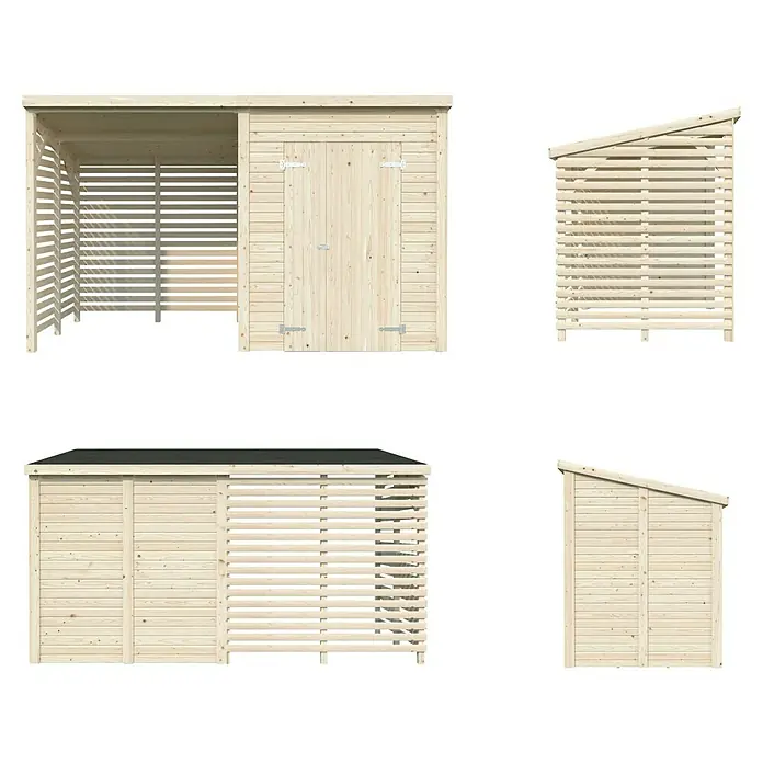 Palmako Caseta de jardín con leñero Leif - Medidas ext. (An x Pr): 377 x 187 cm, Madera, Natural - Cobertizo de madera con área de almacenamiento abierta y sección de armario con cerradura. Ideal para herramientas de jardín y leña.