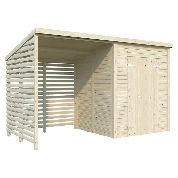 Palmako Caseta de jardín con leñero Leif - Medidas ext. (An x Pr): 377 x 187 cm, Madera, Natural - Imagen de un cobertizo de madera con refugio adjunto, perfecto para herramientas de jardín y leña.