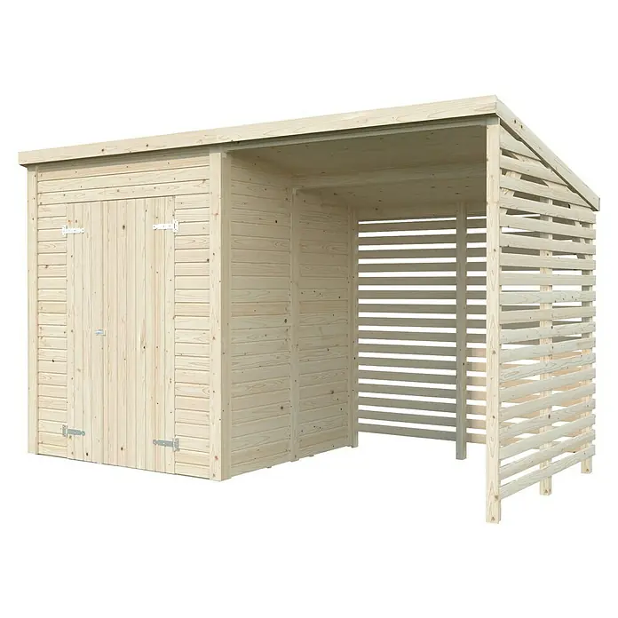 Palmako Caseta de jardín con leñero Leif - Medidas ext. (An x Pr): 377 x 187 cm, Madera, Natural - Una caseta de jardín espaciosa hecha de madera clara, con una puerta doble y un área de almacenamiento abierta para leña o herramientas de jardín.