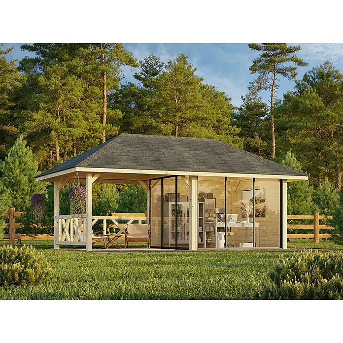 Palmako Caseta de jardín Bianca Set 203 Slide - Medidas ext. (An x Pr): 672 x 384 cm, Madera, Natural - Acogedora pérgola de jardín con un diseño elegante, perfecta para relajarse y trabajar al aire libre con ventanas grandes.