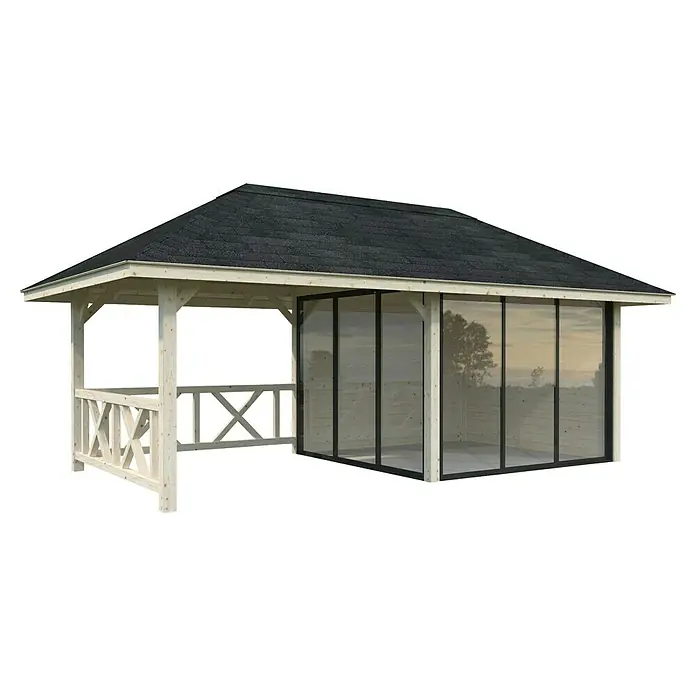 Palmako Caseta de jardín Bianca Set 203 Slide - Medidas ext. (An x Pr): 672 x 384 cm, Madera, Natural - Una elegante pérgola con paredes de vidrio y un techo robusto, perfecta para el jardín y para relajarse al aire libre.