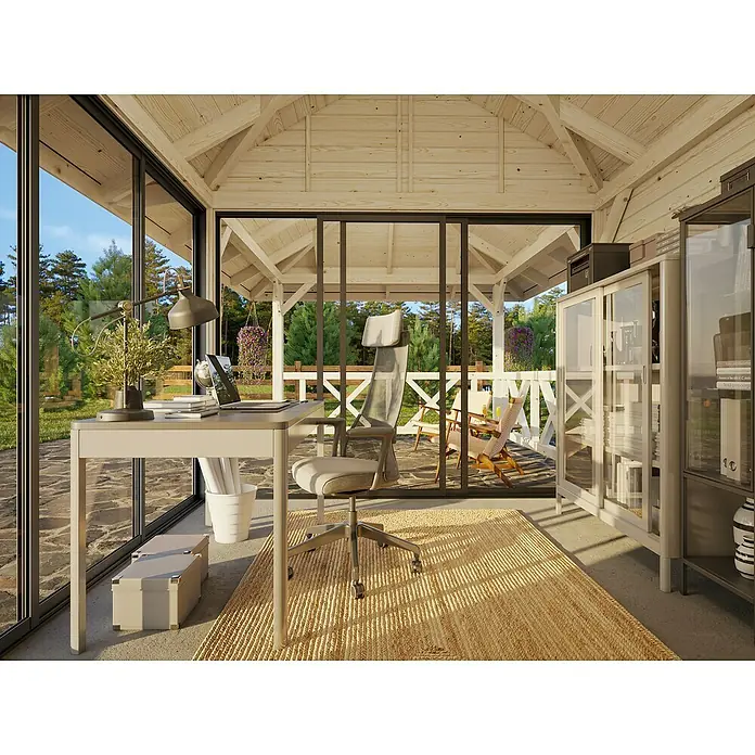 Palmako Caseta de jardín Bianca Set 203 Slide - Medidas ext. (An x Pr): 672 x 384 cm, Madera, Natural - Un espacio de trabajo bien iluminado con escritorio, silla de oficina y mucha luz natural, ideal para sesiones de trabajo concentradas.