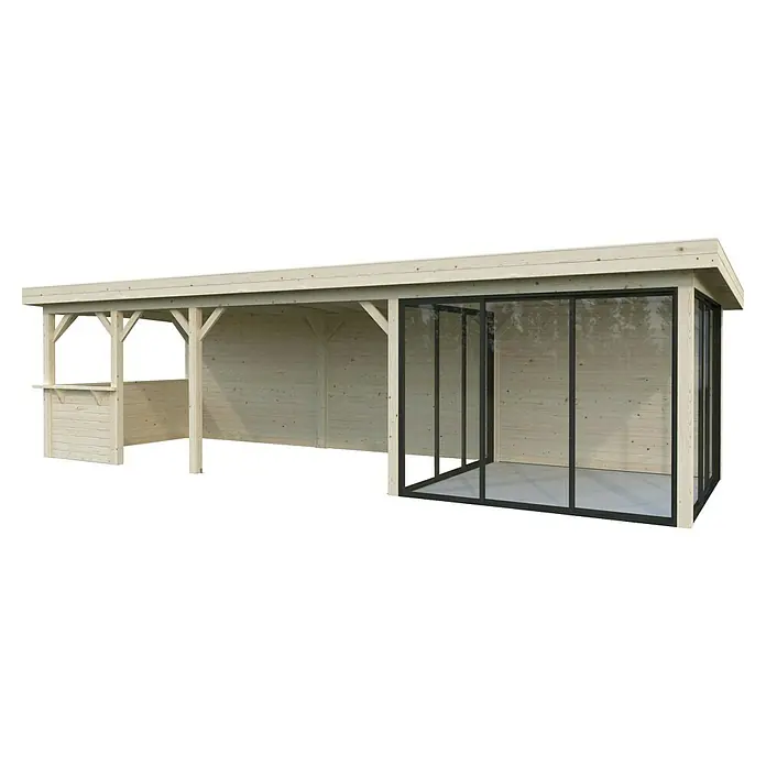Palmako Caseta de jardín Lenna Set 716 Slide Plus - Medidas ext. (An x Pr): 916 x 340 cm, Madera, Natural - Imagen del producto de un pabellón de madera con acristalamiento, ideal para jardín y terraza, ofreciendo protección y confort al aire libre.