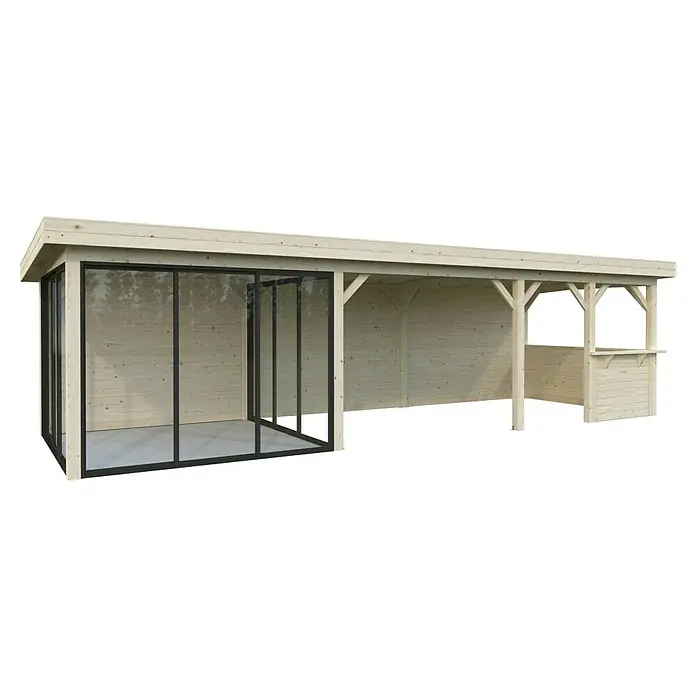 Palmako Caseta de jardín Lenna Set 716 Slide Plus - Medidas ext. (An x Pr): 916 x 340 cm, Madera, Natural - Una caseta de jardín de madera clara con frente de vidrio y área abierta, ideal para el jardín. La estructura ofrece refugio y un ambiente acogedor.