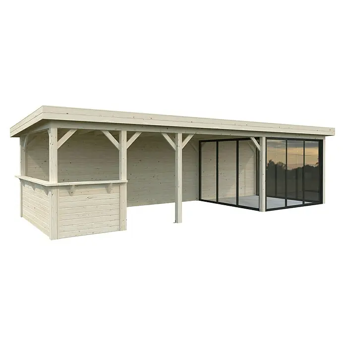 Palmako Caseta de jardín Lenna Set 716 Slide Plus - Medidas ext. (An x Pr): 916 x 340 cm, Madera, Natural - Este artículo muestra una pérgola de jardín de madera moderna con paredes correderas parcialmente acristaladas, que amplía con estilo la zona exterior.