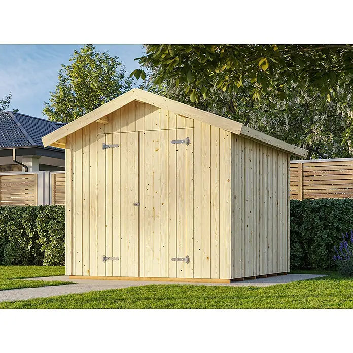 Palmako Caseta de jardín Nils - Medidas ext. (An x Pr): 279 x 289 cm, Madera, Natural - Cobertizo de jardín de madera. El cobertizo está hecho de madera clara y ofrece espacio para herramientas de jardinería.