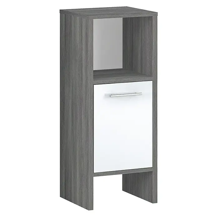 Astor Oslo Unterschrank - 33 x 28 x 82 cm, Grafit, Weiß - Das Möbelstück ist grau mit einer weißen Schublade und silbernem Griff. Es besteht aus einem Regal und einem Schrankteil.