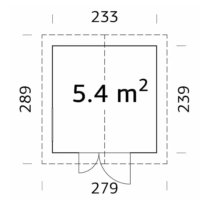 Palmako Caseta de jardín Nils - Medidas ext. (An x Pr): 279 x 289 cm, Madera, Natural - Plano de una habitación de 5.4 m² con medidas de paredes y apertura de la puerta.
